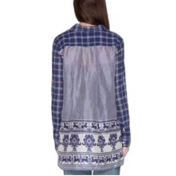 Johnny Was LANA Blue Gray Plaid Gingham Medallion Scarf Back Button Up Shirt - Picture 1 of 16